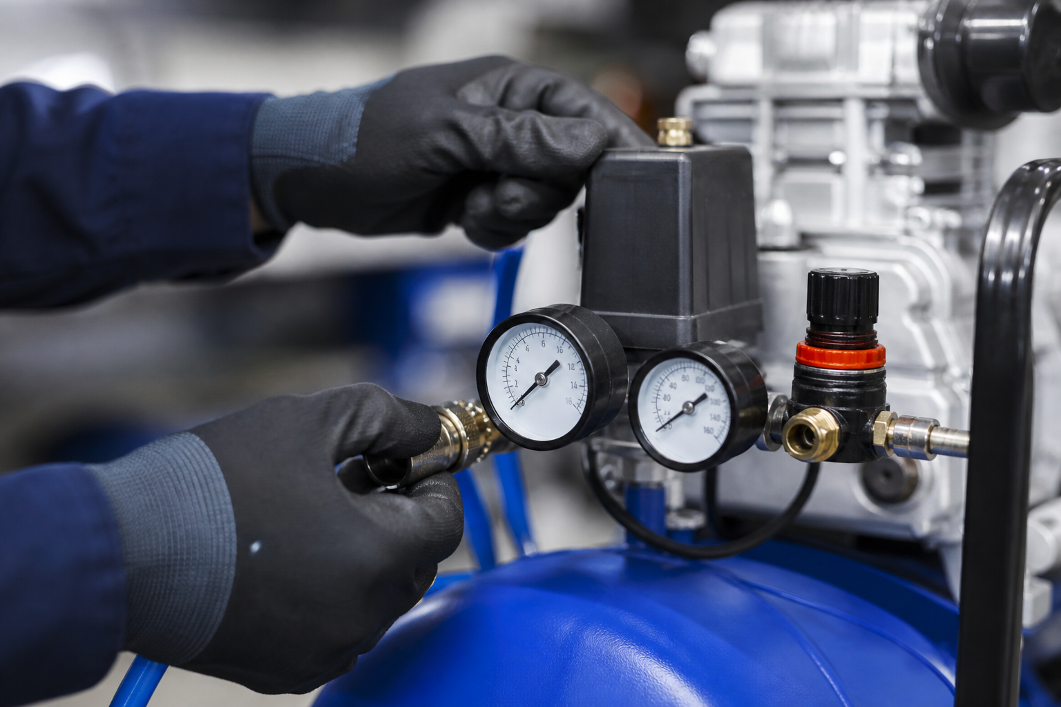 Technician checking compressor pressure gauges and hose couplings