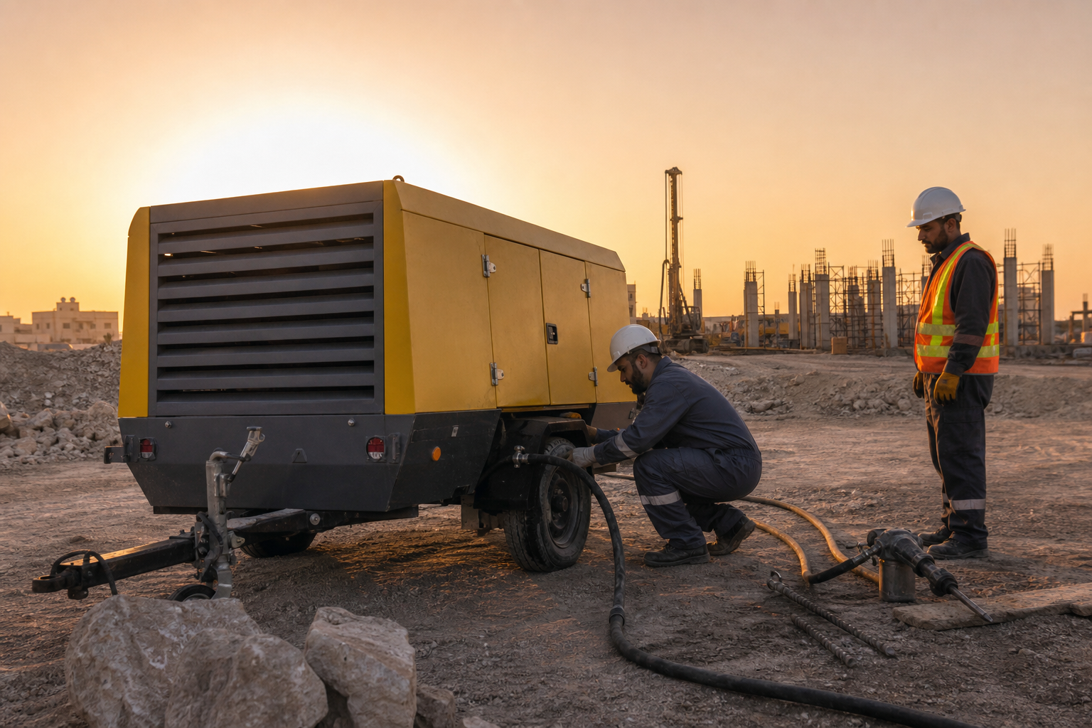 Air compressor rental on a Saudi construction site